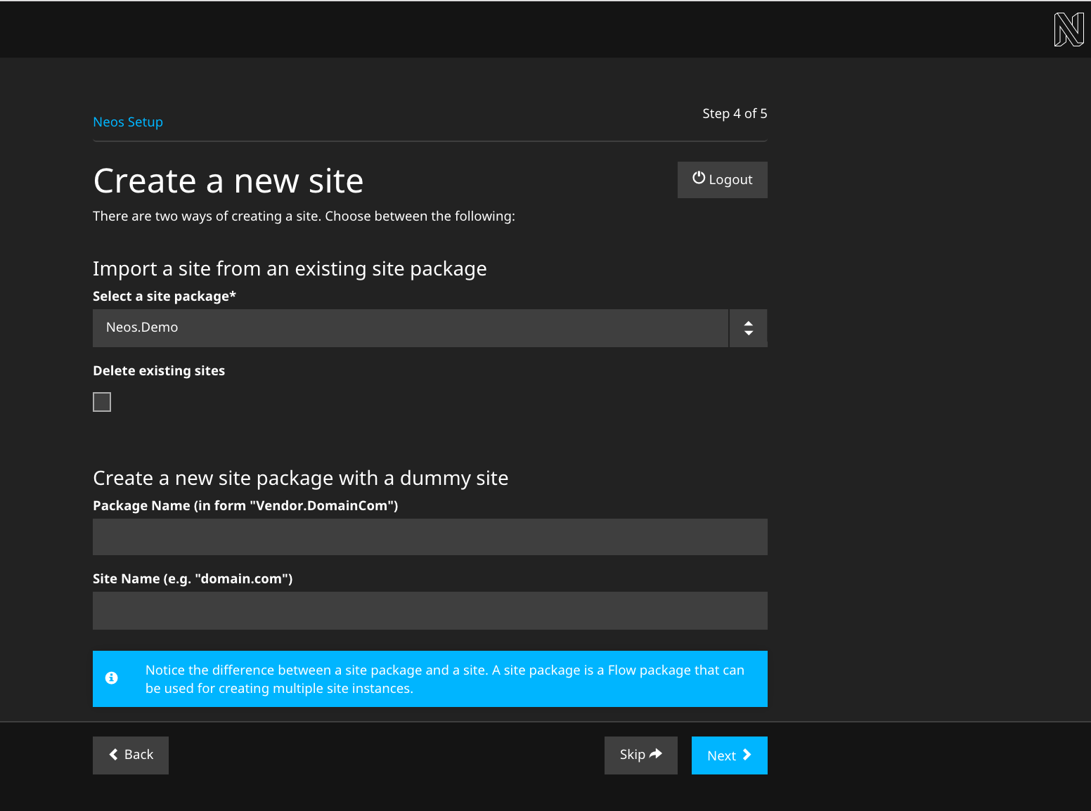 Create new site or import an existing
